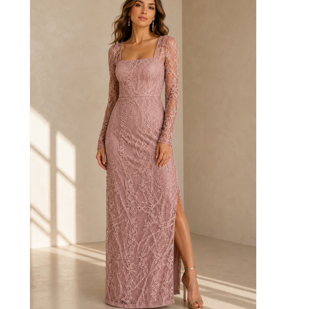 NEW JS COLLECTIONS Formal Dress 6 Lace Column Gown Long Maxi Mauve Square Neck
